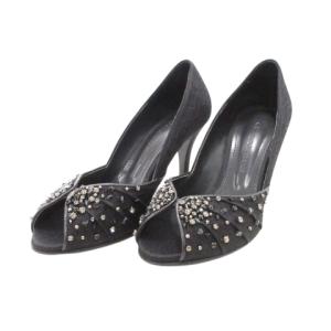 美品 ビジュー パンプス レース切替 ヒール オープントゥ フォーマル 37 23.5?p ブラック IBO60