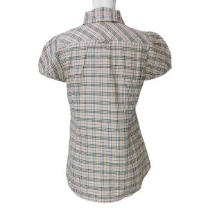 BURBERRY BLUE LABEL 美品 半袖 シャツ ブラウス ノバチェック リボン付き ワンポイント刺? パフスリーブ 38 M相当 ベージュ系 GY14