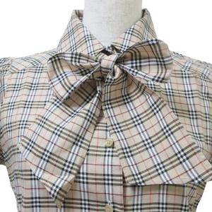 BURBERRY BLUE LABEL 美品 半袖 シャツ ブラウス ノバチェック リボン付き ワンポイント刺? パフスリーブ 38 M相当 ベージュ系 GY14
