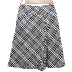 BURBERRY BLUE LABEL チェック フレア タック スカート ひざ丈 ウール 山陽商会 36 S 青 ブルー GY14