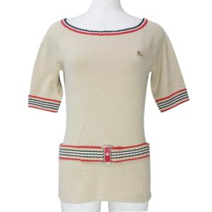 半袖 ニット カットソー コットン ベルト付き ボートネック ワンポイント刺? ライン M ベージュ GY14 X