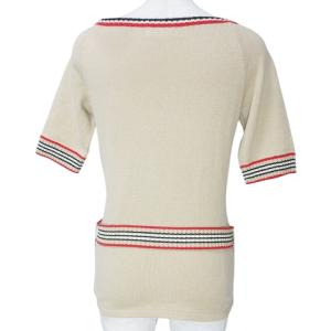 BURBERRY BLUE LABEL 半袖 ニット カットソー コットン ベルト付き ボートネック ワンポイント刺? ライン M ベージュ GY14 X