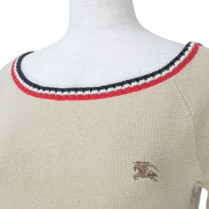 BURBERRY BLUE LABEL 半袖 ニット カットソー コットン ベルト付き ボートネック ワンポイント刺? ライン M ベージュ GY14 X