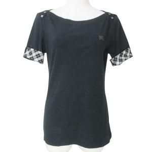 BURBERRY BLUE LABEL 半袖 カットソー ボートネック 袖裏チェック ワンポイント刺? 38 M相当 黒 ブラック GY14 X