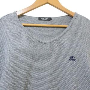 BURBERRY BLACK LABEL ワッフルニット カットソー 長袖 Vネック ワンポイント刺? 2 M相当 グレー GY14 X