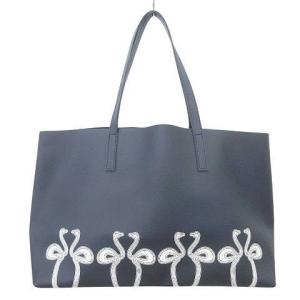 美品 トートバッグ PVC 鶴 クレイン 合成皮革 フェイクレザー A4収納 カジュアル ビジネス 紺 ネイビー AA