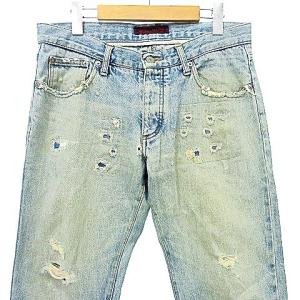 TMT デニム パンツ ジーンズ クラッシュリペア加工 USED加工 L 32 ライトブルー A0306
