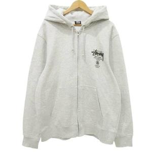 STUSSY 美品 ワールドツアー ジップ パーカー ロゴプリント スウェット フーディー 裏起毛 L グレー