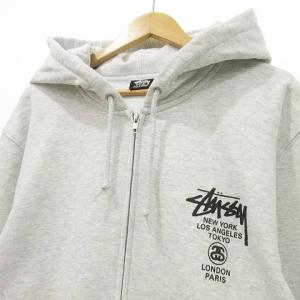 STUSSY 美品 ワールドツアー ジップ パーカー ロゴプリント スウェット フーディー 裏起毛 L グレー