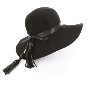 ハット 帽子 つば広 ロングブリム ワイドブリム レザーリボン フリンジ タッセル ボンボン フエルト M ブラック