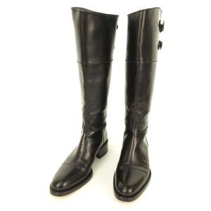 バック ダブルベルト ロングブーツ ジョッキーブーツ レザー 38 ブラック 黒 