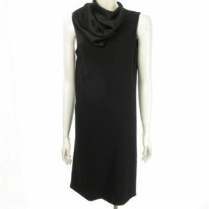 ワンピース ノースリーブ サテン切り替え ドレープネック 濃紺 ダークネイビー 黒