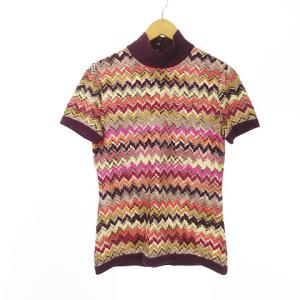 MISSONI アンサンブル ウール混 カーディガン × ハイネック半袖ニット 2点セット 総柄 ヘリンボーン織り柄 ストライプ織り柄 レッドパープル