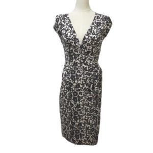 ワンピース ひざ丈 半袖 カシュクール シルク 総柄 ブラック ベージュ 2 M