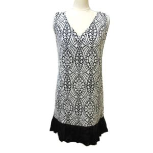 ワンピース ひざ丈 ノースリーブ ツイード ウール混 Vネック 白 黒 ホワイト ブラック 36 S X