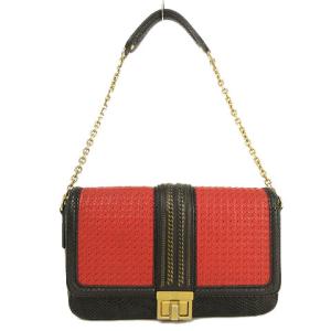 MCM チェーンショルダーバッグ 肩掛け レザー 編み込み パイソン型押し ターンロック式 赤 黒 ブラック ゴールド金具