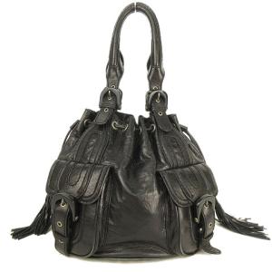 KENZO レザー ハンドバッグ フリンジ 巾着 黒 ブラック