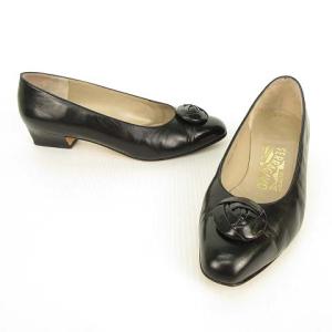 Salvatore Ferragamo パンプス ローヒール バラモチーフ ラウンドスクエア 6 ブラック