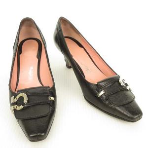 Salvatore Ferragamo パンプス ガンチーニ スクエアトゥ 型押レザー 6.5 ブラック