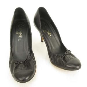 CHANEL バレエ パンプス ハイヒール ココマーク リボン 38 C ブラック