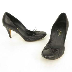 CHANEL バレエ パンプス ハイヒール ココマーク リボン 38 C ブラック