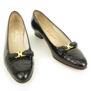 Salvatore Ferragamo パンプス ガンチーニ  ローヒール リボン 型押 キャップトゥ パテント 5 ブラック