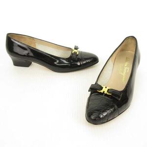 Salvatore Ferragamo パンプス ガンチーニ  ローヒール リボン 型押 キャップトゥ パテント 5 ブラック