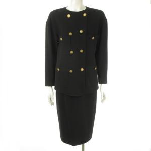 ヴィンテージ スーツ ノーカラージャケット タイトスカート 金ボタン 34 黒