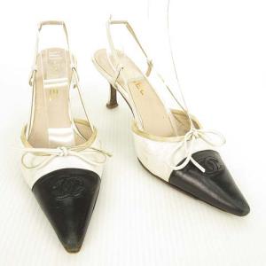 CHANEL サンダル キャップトゥ ココマーク バイカラー ストラップ パンプス 36.5 ホワイト ブラック