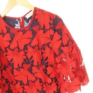 TORY BURCH 近年モデル レースワンピース フレアスリーブ 総レース 花柄 0 レッド