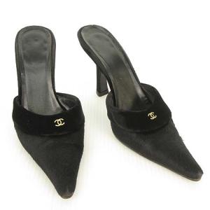 CHANEL ミュール パンプス ハラコ ベルベット ココマーク 35 ブラック 
