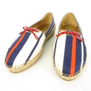 エスパドリーユ スリッポン シューズ ロゴ リボン マルチストライプ 36.5 ネイビー