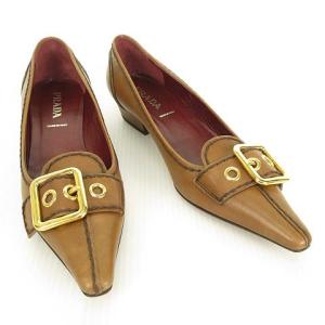 PRADA ベルト モチーフ レザー パンプス ポインテッドトゥ ローヒール 36.5 ブラウン