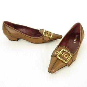 PRADA ベルト モチーフ レザー パンプス ポインテッドトゥ ローヒール 36.5 ブラウン
