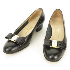 BOUTIQUE VARA パンプス リボン ローヒール ラウンドトゥ 型押レザー ブラック