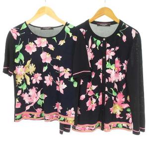 LEONARD FASHION アンサンブルニット 花柄 38 ネイビー