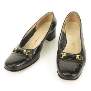 BOUTIQUE ガンチーニ モチーフ レザー パンプス 型押し ローヒール 6.5 C ブラック