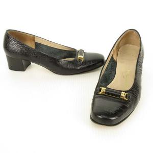 Salvatore Ferragamo BOUTIQUE ガンチーニ モチーフ レザー パンプス 型押し ローヒール 6.5 C ブラック