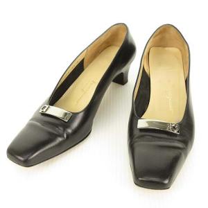BOUTIQUE ガンチーニ プレート レザー パンプス スクエアトゥ ローヒール 6.5 ブラック