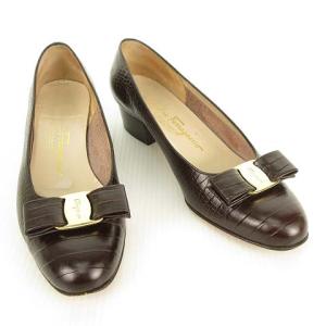 Salvatore Ferragamo BOUTIQUE パンプス ヴァラ リボン レザー 型押し 6.5 ブラウン