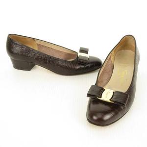 Salvatore Ferragamo BOUTIQUE パンプス ヴァラ リボン レザー 型押し 6.5 ブラウン