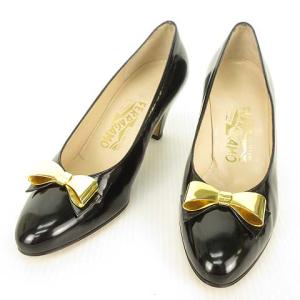 リボンモチーフ ゴールド金具 パンプス レザー ラウンド アーモンドトゥ 7 D ブラック