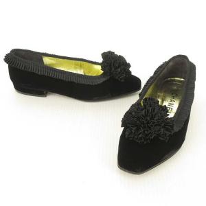 CHANEL ベロア パンプス フラットシューズ コサージュ プリーツ 34.5 ブラック