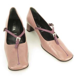 PRADA スクエアトゥ レザー パンプス Yストラップ ローヒール 37 パープル系