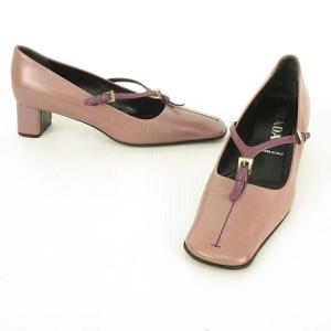 PRADA スクエアトゥ レザー パンプス Yストラップ ローヒール 37 パープル系