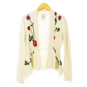 カーディガン 花 刺繍 ショールカラー フロントオープン ウエスト切り替え ぺプラム M アイボリー