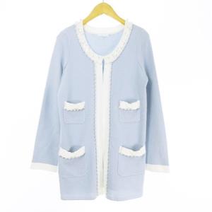 ロングカーディガン ニットジャケット ノーカラー パールビーズ × ビーズ × スパンコール リボンモチーフ 鹿の子調 コットンブレンド