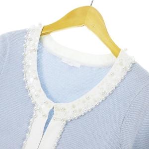 TO BE CHIC ロングカーディガン ニットジャケット ノーカラー パールビーズ × ビーズ × スパンコール リボンモチーフ 鹿の子調 コットンブレンド