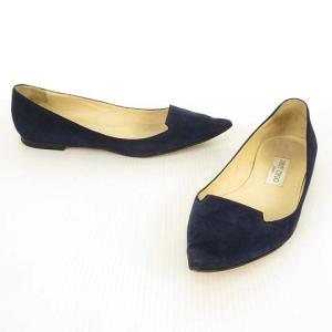 JIMMY CHOO ポインテッドトゥ フラットシューズ パンプス スウェード 39 ネイビー