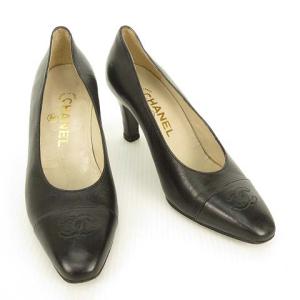 CHANEL ココマーク レザー パンプス キャップトゥ ストレートチップ 36.5 黒